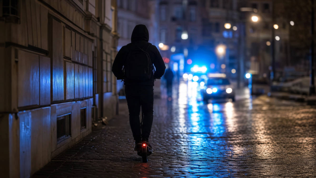 Person fährt nachts betrunken E-Scooter auf Pflasterstraße vor Polizeiauto mit Blaulicht – Symbolbild MPU E-Scooter