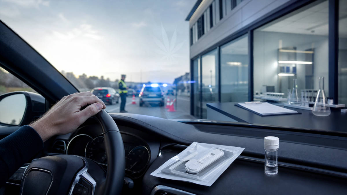 Blick aus Fahrzeugcockpit mit Speicheltest und Drogen-Schnelltest auf Armaturenbrett bei Polizeikontrolle und Labor – Symbolbild Cannabis MPU Grenzwert